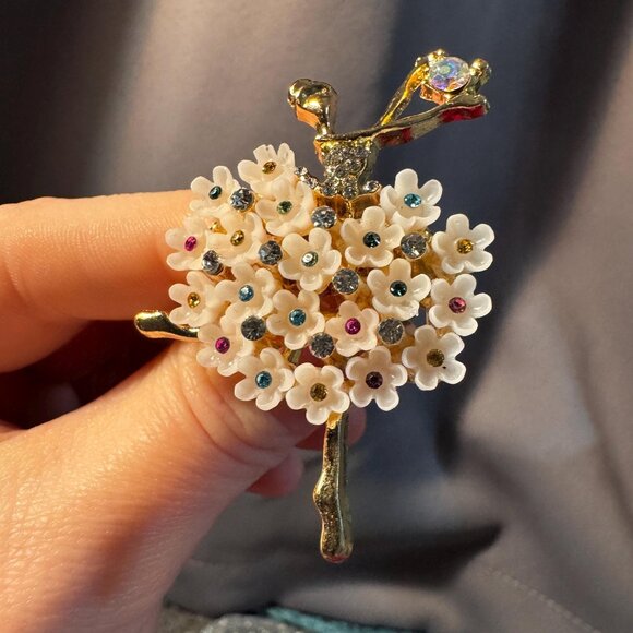 Vintage Rhinestone Ballerina Brooch – Gold Tone Skirt, Dancing Stones, 2" Tall - Picture 1 of 4